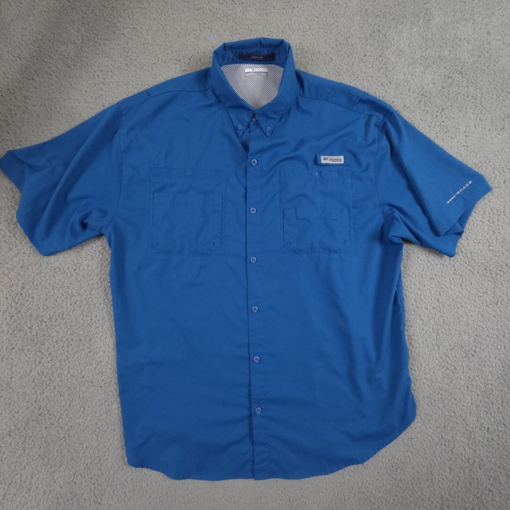 Columbia Tamiami PFG Shirt Mens XL Blue Short Sleeve Vented Hiking Fishing - Picture 2 of 15